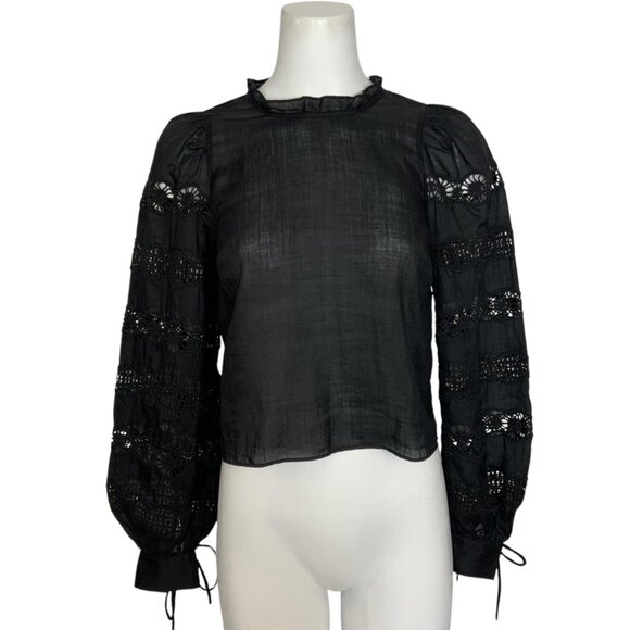 Aritzia Wilfred Wayfarer Blouse XXS 2XS Black Statement Sleeve Crop Embroidered - Picture 1 of 12